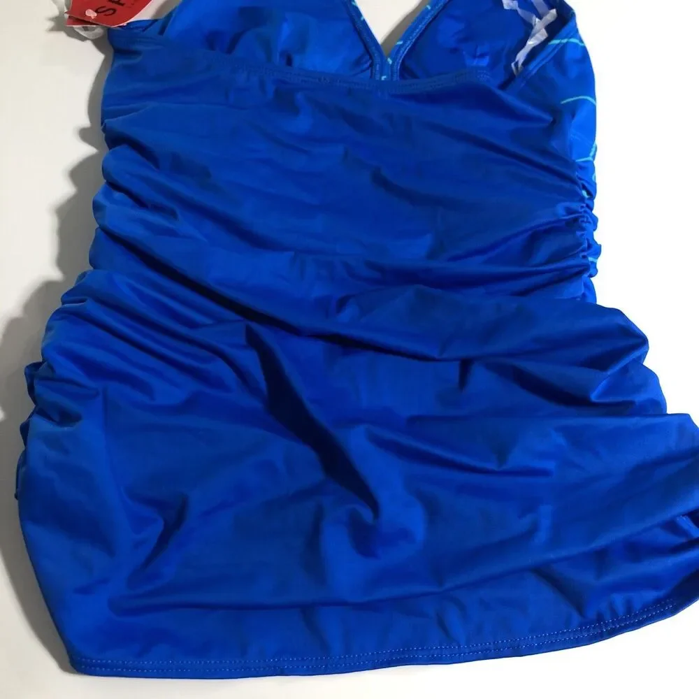 Spanx Tankini Swimsuit Womens 6 Blue Green Ruched Halter Windowpane Slimming New